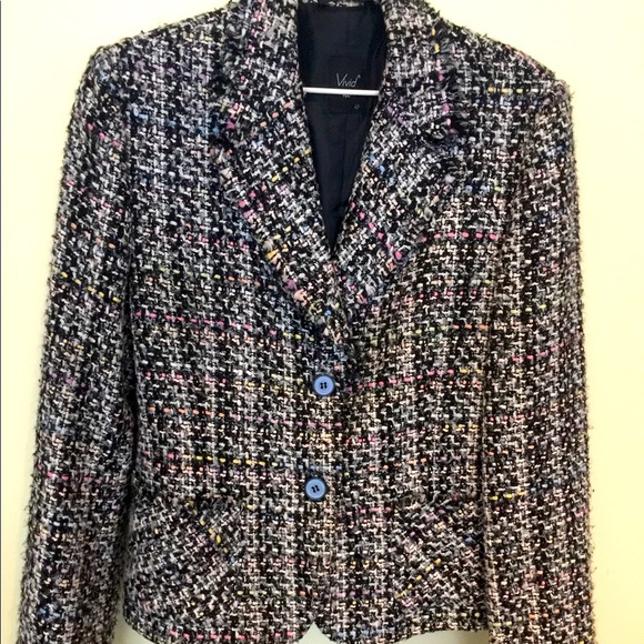 Black wool tweed blazer with fringes at collar trim line & outer pockets US 10 - Picture 12 of 16